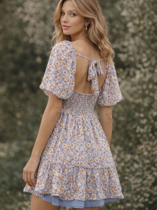 Altar'd State Dresses & Skirts - Altar’d State Blue Floral Smocked Mini Dress Open Back Puff Sleeve Cottagecore